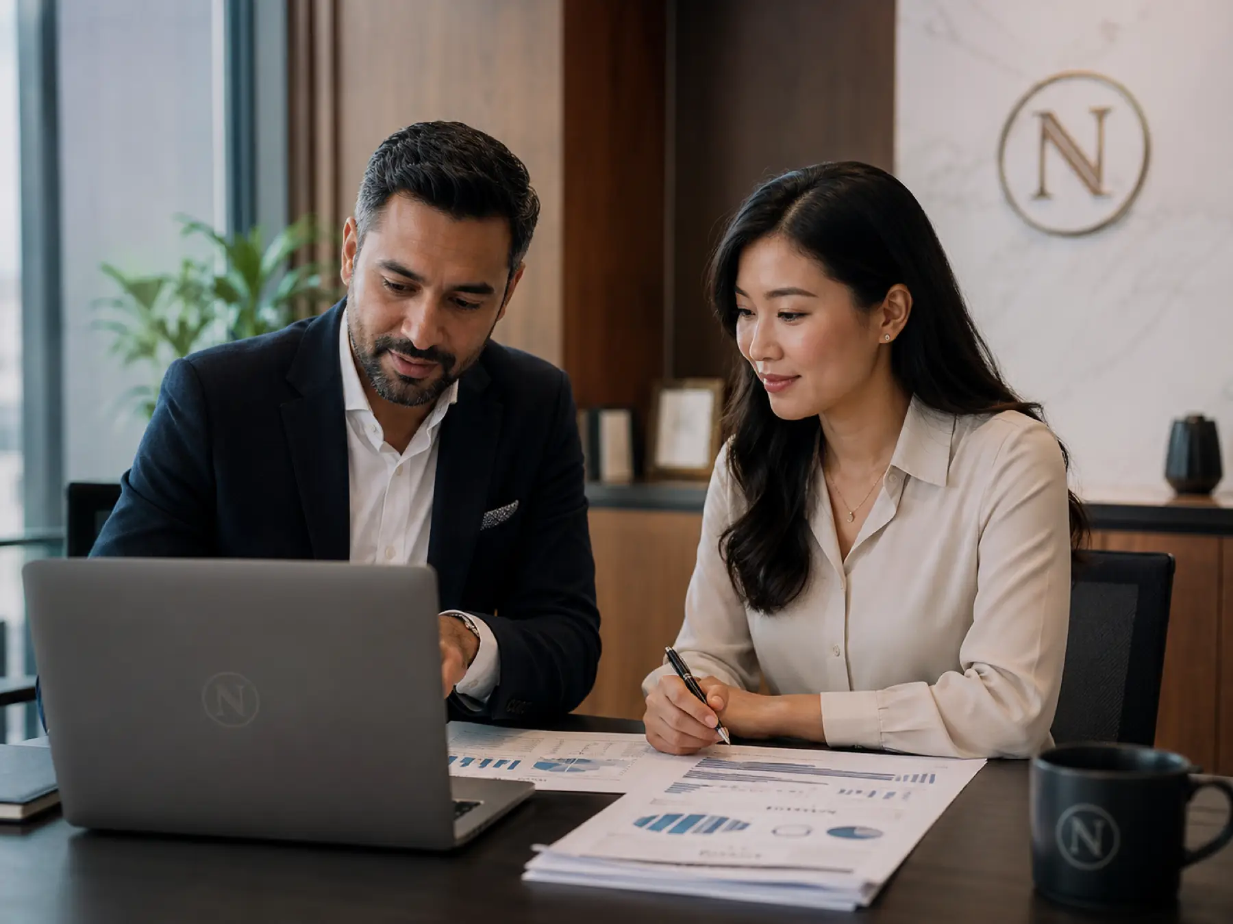 Noble advisor reviewing tax planning documents with a client
